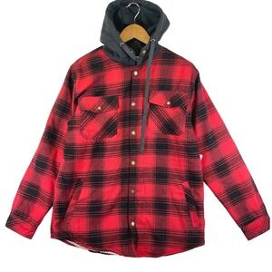 Rudolph Euro Joy Men's L Red Black Buffalo Plaid Sherpa Lined Hooded Shacket